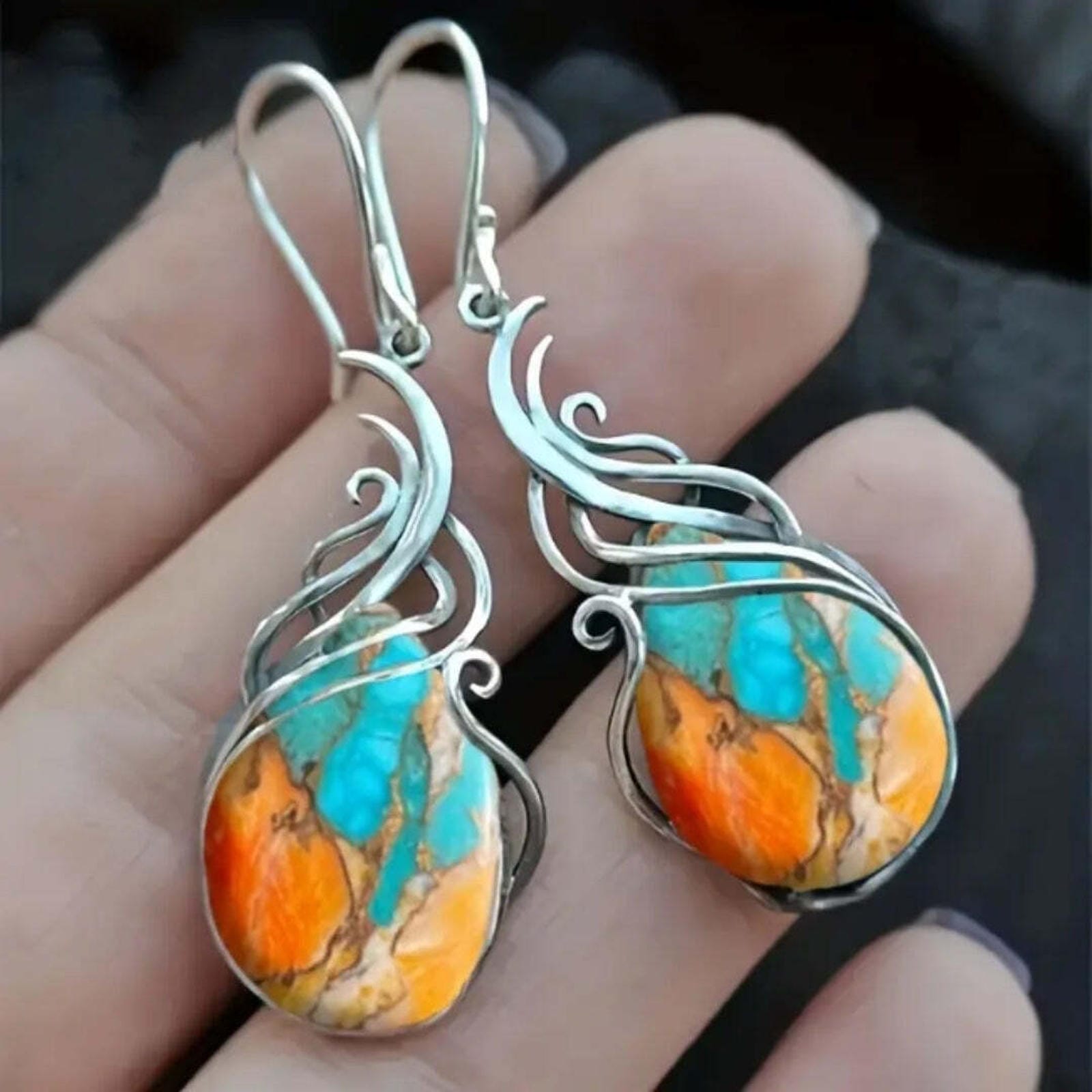 Pendientes Colgantes de Piedras Preciosas Azules y Naranjas