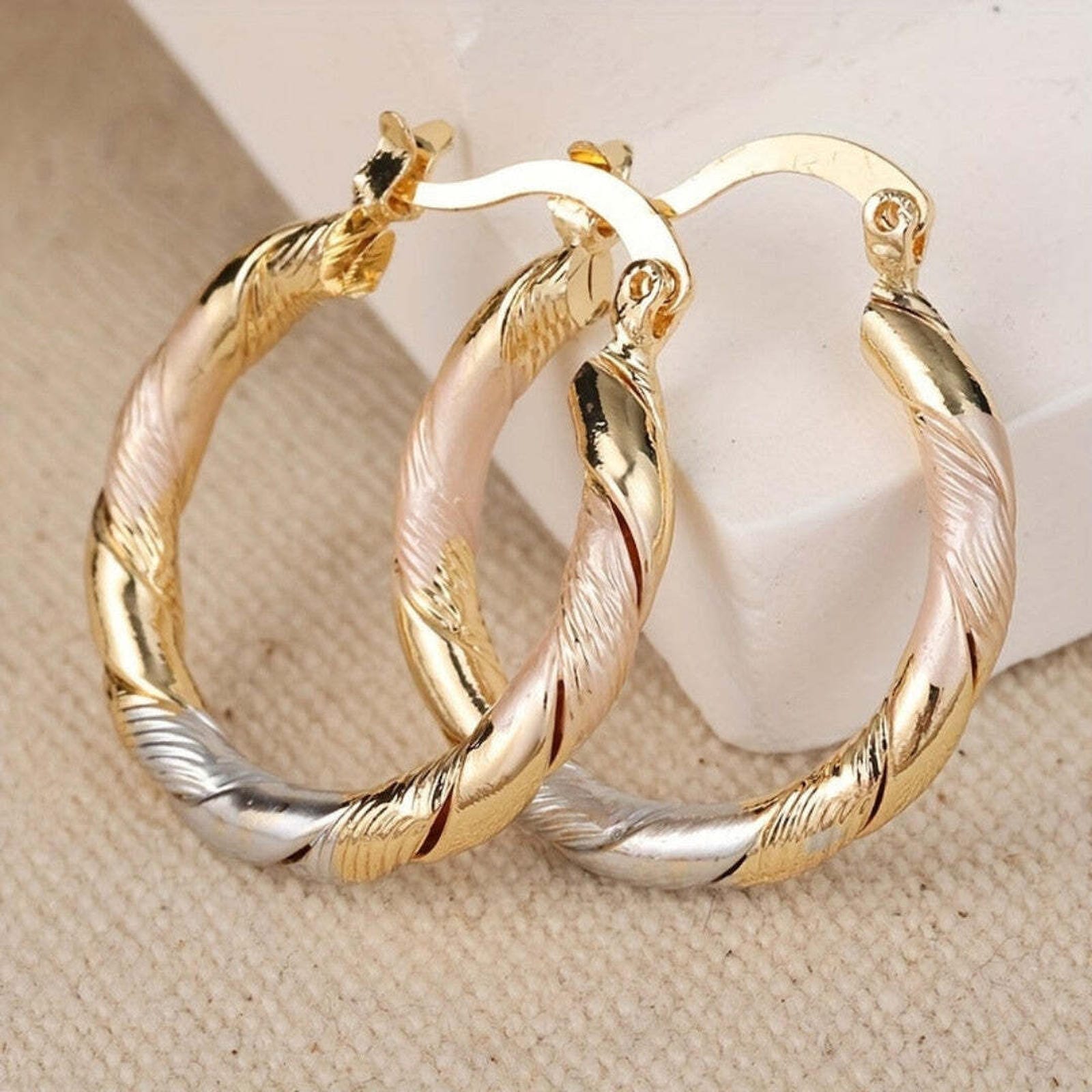 Pendientes Vintage de Aro Redondo en Oro, Plata y Rosa