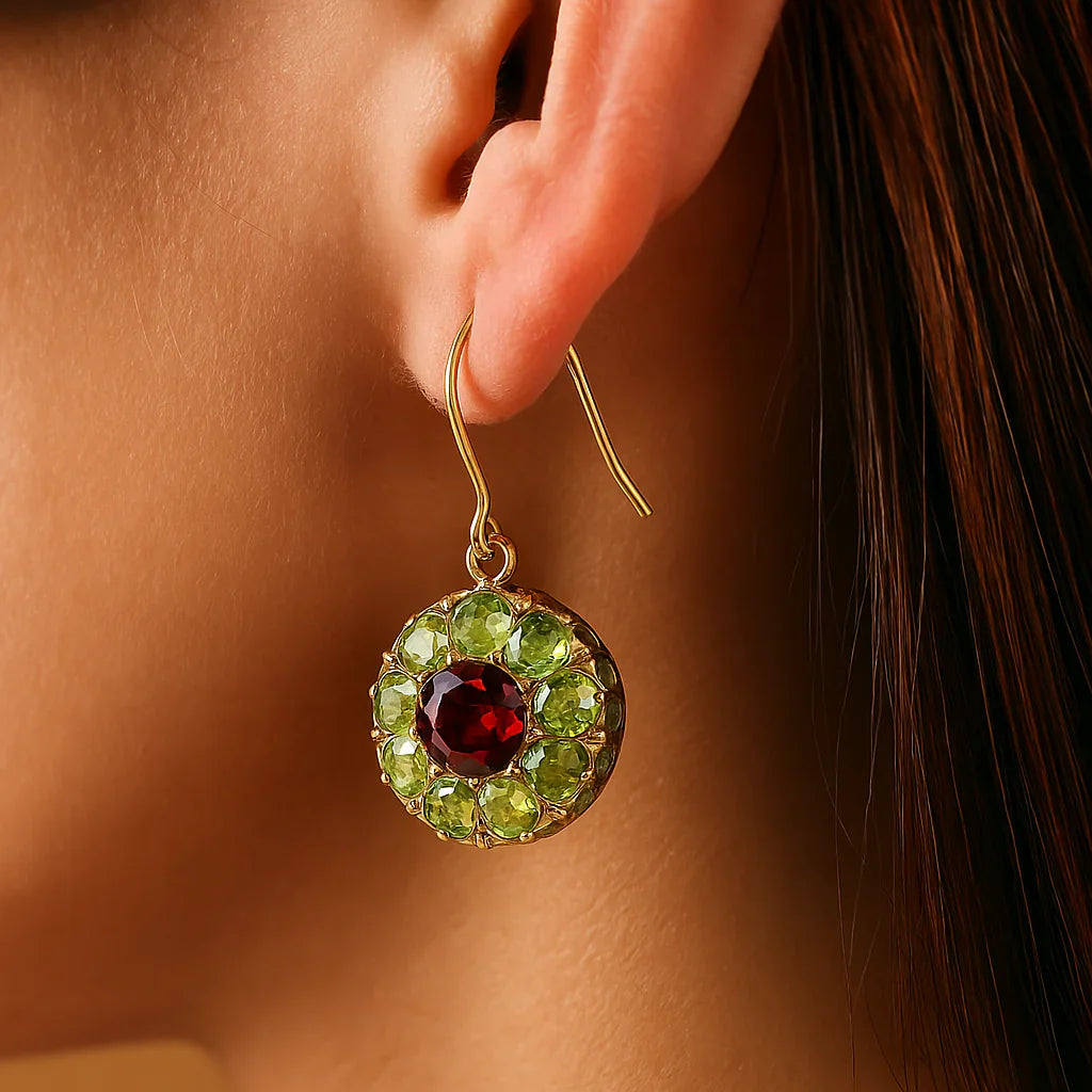 Pendientes de Cristal Redondos Retro en Verde y Rojo