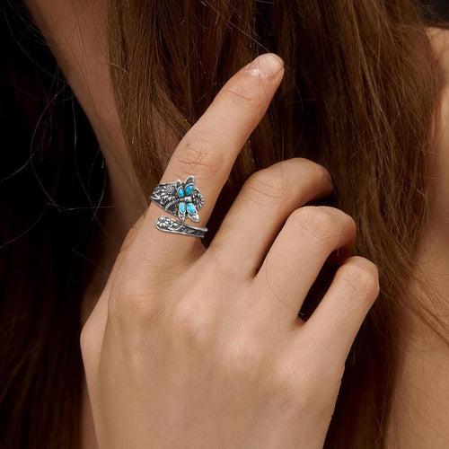 Anillo Ajustable de Plata con Turquesa y Libélula