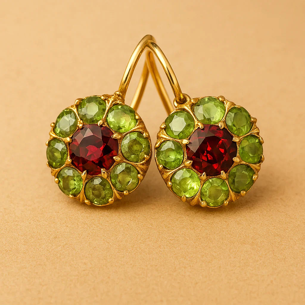 Pendientes de Cristal Redondos Retro en Verde y Rojo