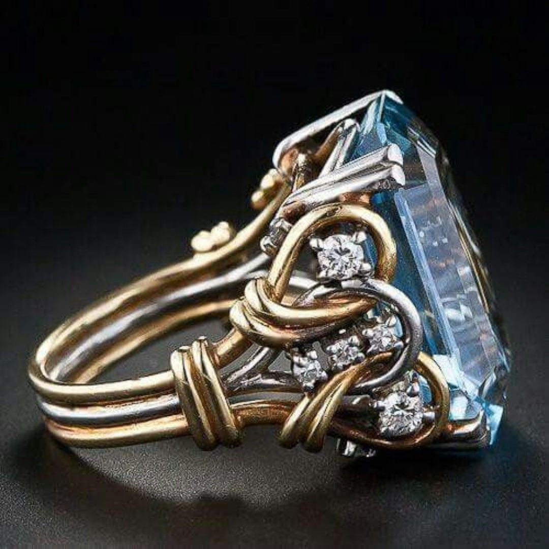 Anillo de Oro Capas con Zirconia Azul Vintage