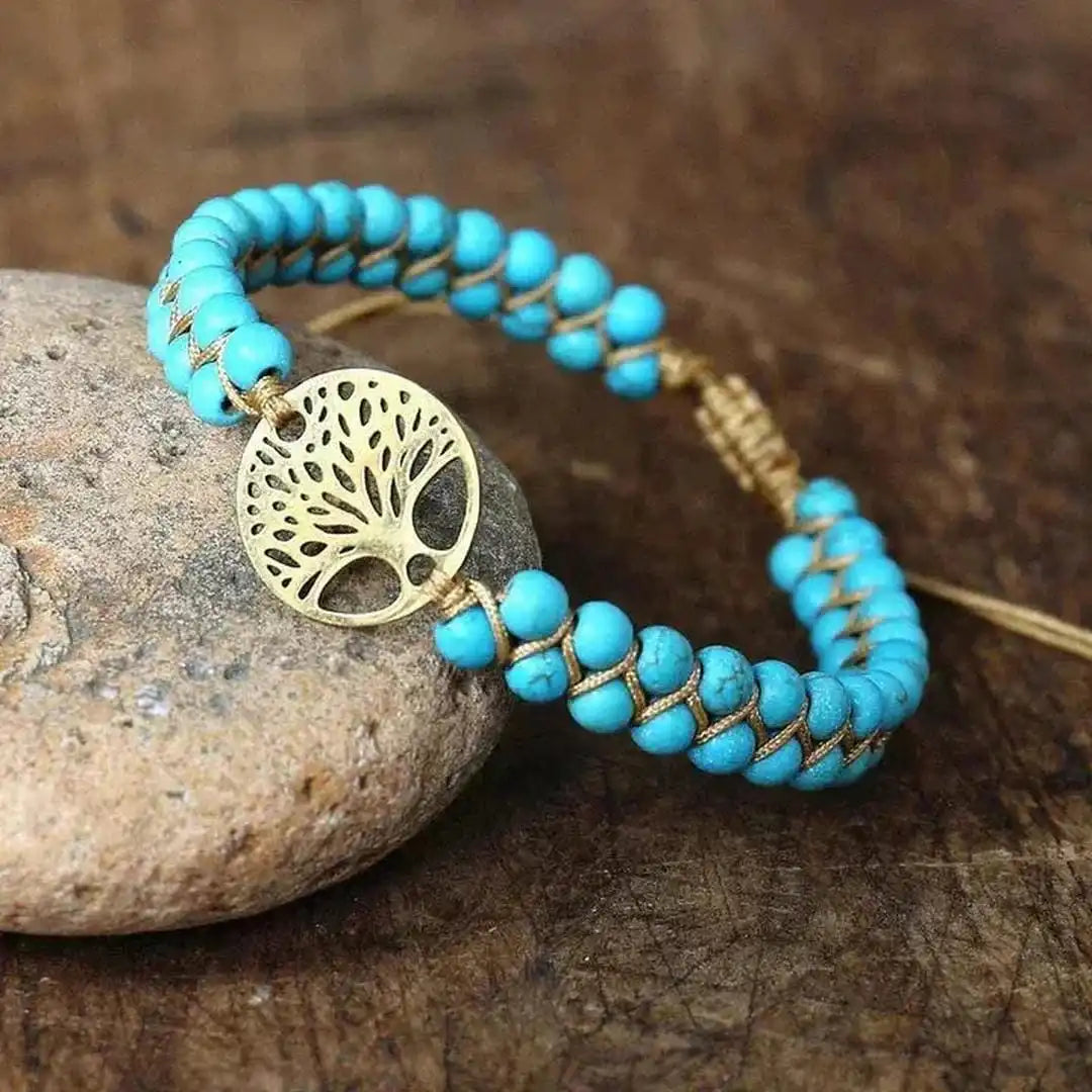 Pulsera Árbol de la Vida Hecha a Mano con Piedra Turquesa