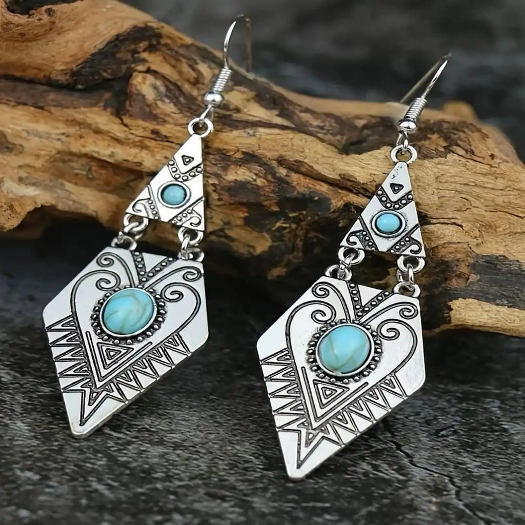 Pendientes Vintage Bohemios en Forma de Rombo Turquesa