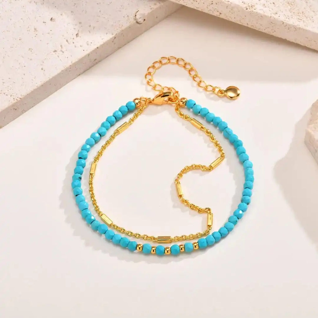 Pulsera de Doble Cadena de Oro Atemporal con Turquesa