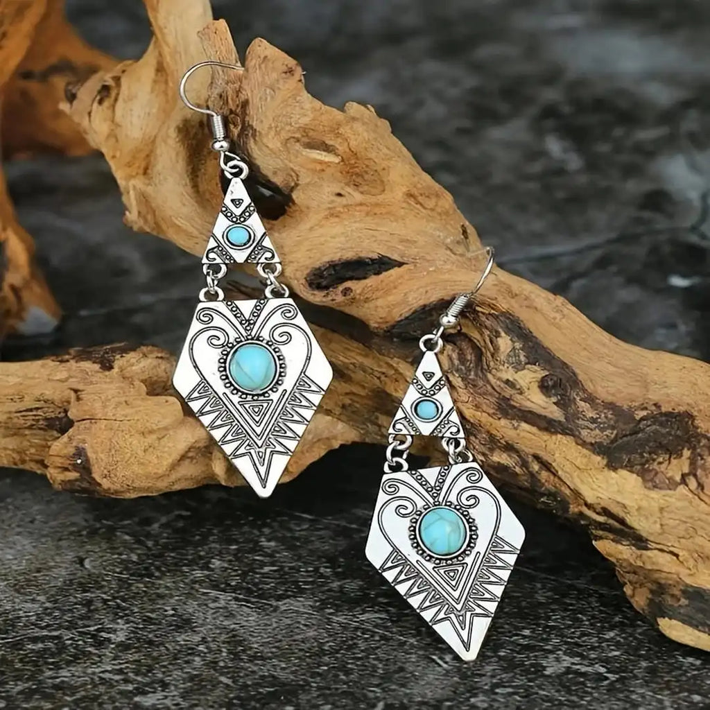 Pendientes Vintage Bohemios en Forma de Rombo Turquesa
