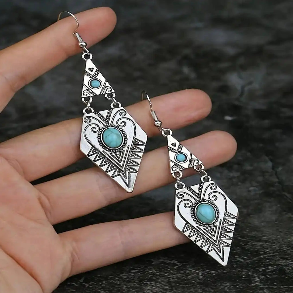Pendientes Vintage Bohemios en Forma de Rombo Turquesa