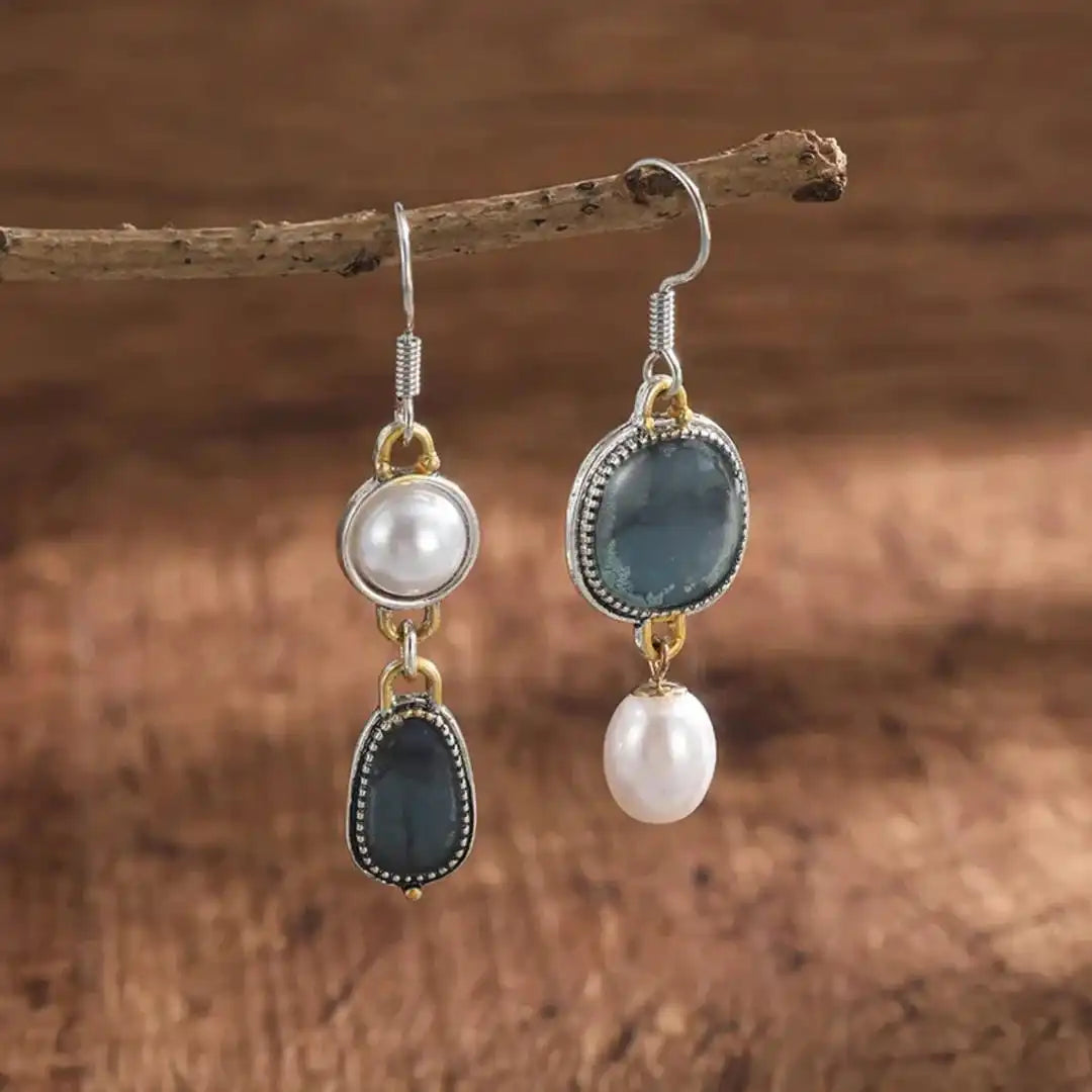 Pendientes de Perla con Piedra Azul Vintage