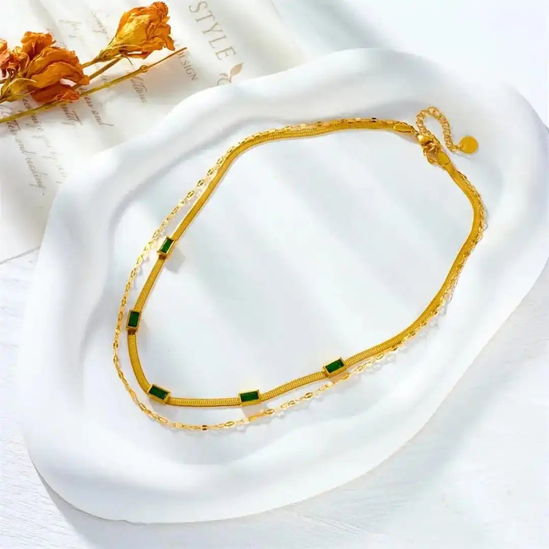 Collar Retro de Doble Capa con Gemas en Oro