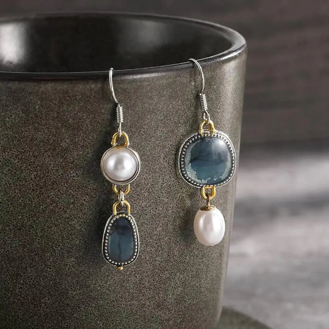 Pendientes de Perla con Piedra Azul Vintage