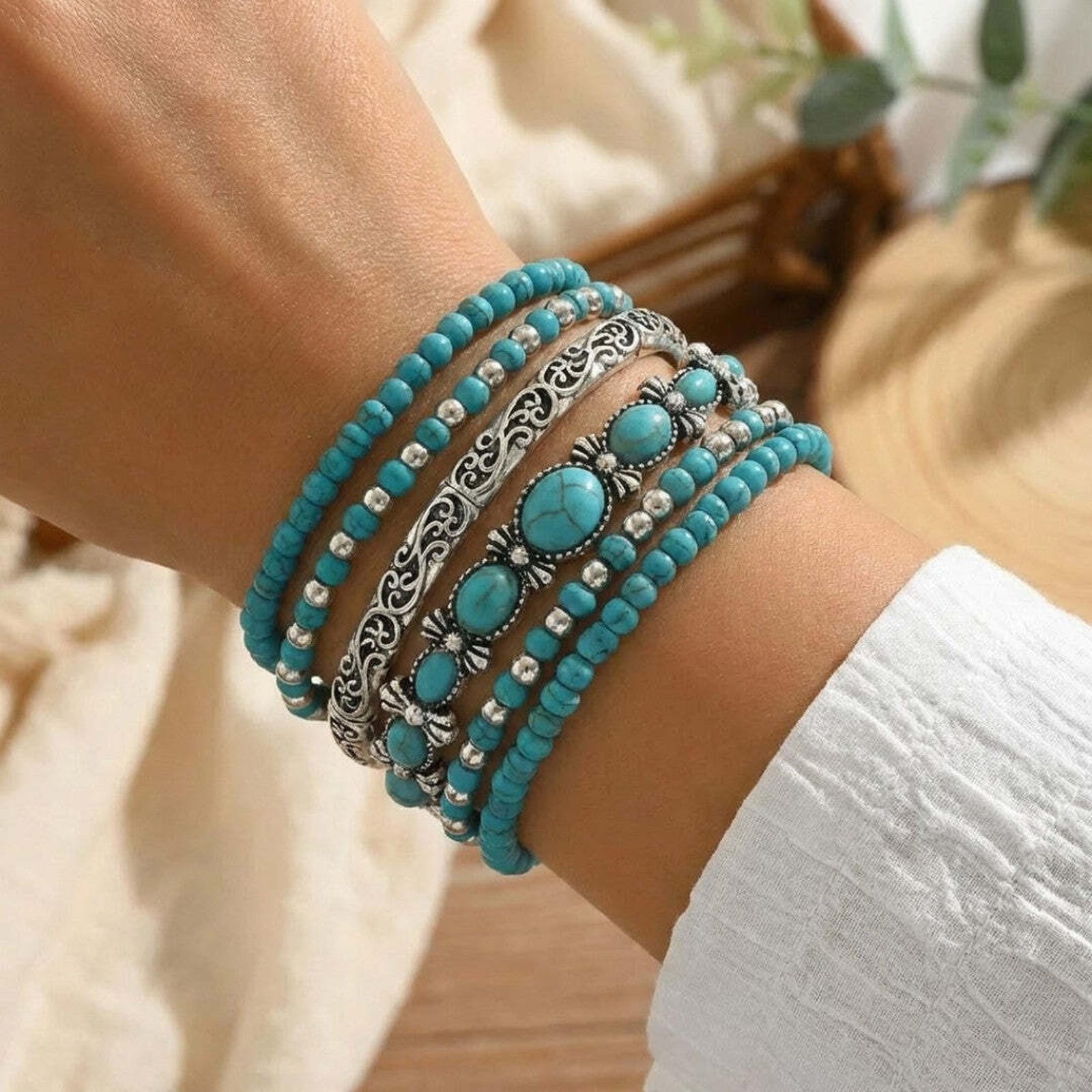 Conjunto de Pulseras Boho de Cuentas Turquesa